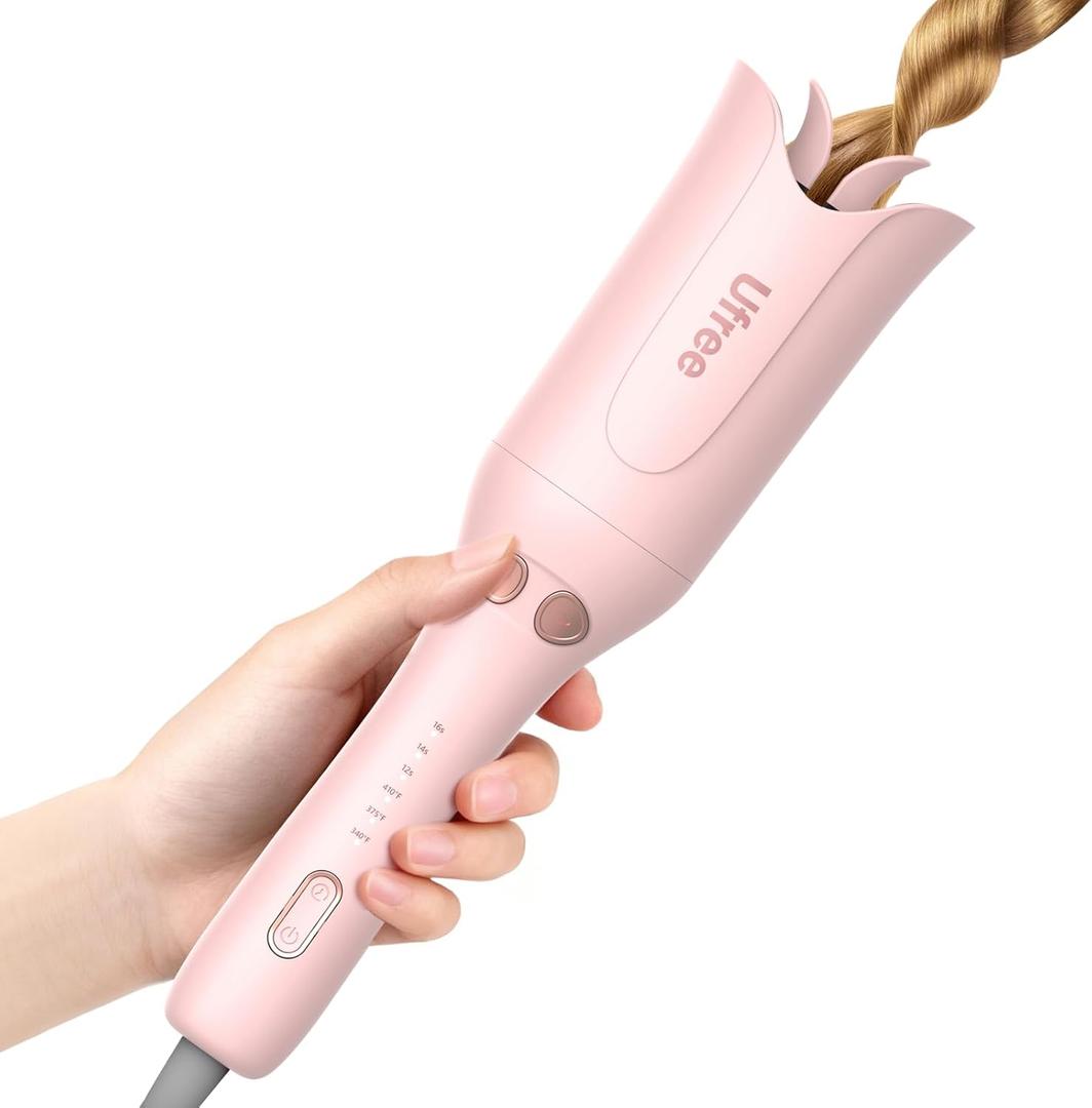 Ufree Automatic Rotating Curling Iron, 1 Inch Ceramic Curling Wand, 1-Click Hair Curler with 3 Heat & Timers, Anti-Scald Design, 1M Ionic Care, Dual Voltage for Travel Beach Waves, Rose Gold