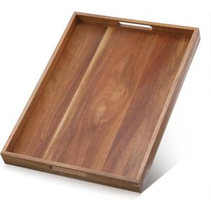 17.7 Inch Acacia Wood Serving Tray with Handles Ottoman Tray for Living Room Large Wooden Trays for Ottoman Coffee Table Trays RectangularTray for Breakfast in Bed Dinner Bedroom Entryway Kitchen