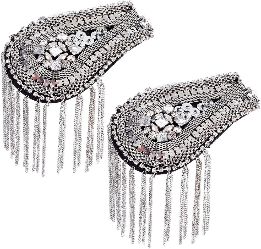 2Pcs Silver Tassel Shoulder Epaulettes Rhinestone Beaded Costume Shoulder Epaulet Pads Fringe Crystal Chain Punk Applique Blazer Badge Jewelry Brooch Pin for Men Women Jackets Accessories