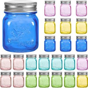 Amzcku Mini Colored Mason Jars 5 oz with Metal Lids - Glass jar for Jam, Honey, Candle, Canning, Wedding Favors, Shower Favors, Food Storage, Jelly, DIY Spice Jars, 24 Pack