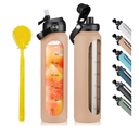 32 oz Glass Water Bottles with 2 Lids-Handle Spout Lid & Straw Lid 1 Liter Motivational Borosilicate Water Bottle with Silicone Sleeve and Time Marker, Leakproof