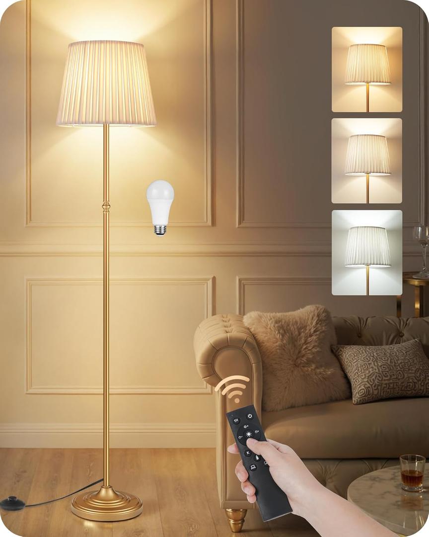 Dimmable Floor Lamp for Living Room, 68" Tall Standing Lamp, Reading Light with Remote & Foot Pedal, 10W LED Bulb (3000K-6500K) Included, FCC Listed, Reinforced Base, Gold and White DW12LD05
