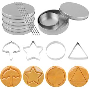 12pcs Stainless Steel Game Cookie Cutters, Korean Dalgona Candy Sugar Making Tools with Umbrella, Triangle, Star, Round Biscuit Molds for Christmas, Valentine's Baking Kits, Tin Boxed Party Favors