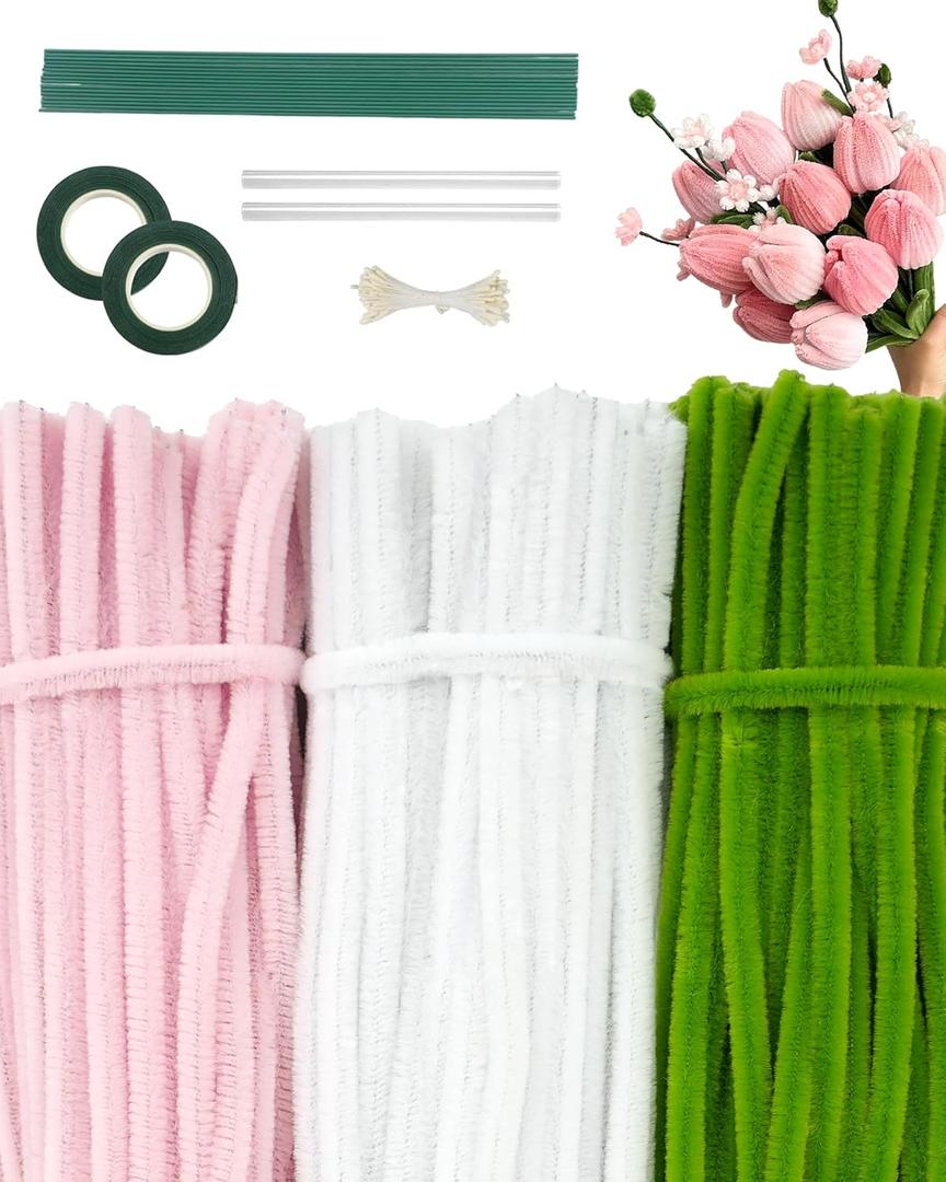 300 Pcs Thick Pipe Cleaners Craft Supplies, 3 Assorted Colors Bulk Pipe Cleaners with Floral Wires, Gardening Tape, Stamen,Tulip Chenille Stems DIY Flower Making Kit for Craft Lovers Art Projects