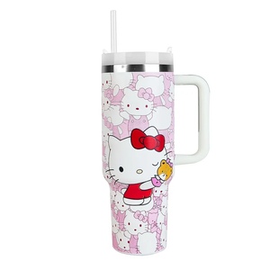 Kitty 40 Oz Stainless Steel Tumbler with Handle, Leak-Proof Lid and Straw, Insulated Water Bottle for Outdoor Cute Kitty Gifts