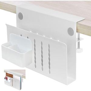 Desk Side Storage Organizer, Under Desk Laptop Holder with Magnetic Pen Holder, No Drill Hanging Desk Caddy for Office & Home, Clamp On Desk Shelf for Tablet, Files, Accessories (White)