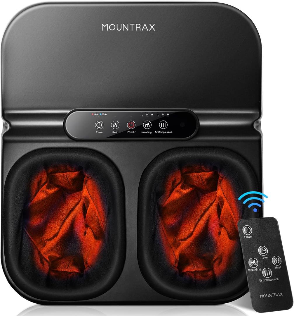 MOUNTRAX Foot Massager Machine with Heat, Foot Massager for Plantar Fasciitis, Neuropathy Pain, Shiatsu Foot Massager with Remote, Fits Feet Up to Men Size 12 (Black)