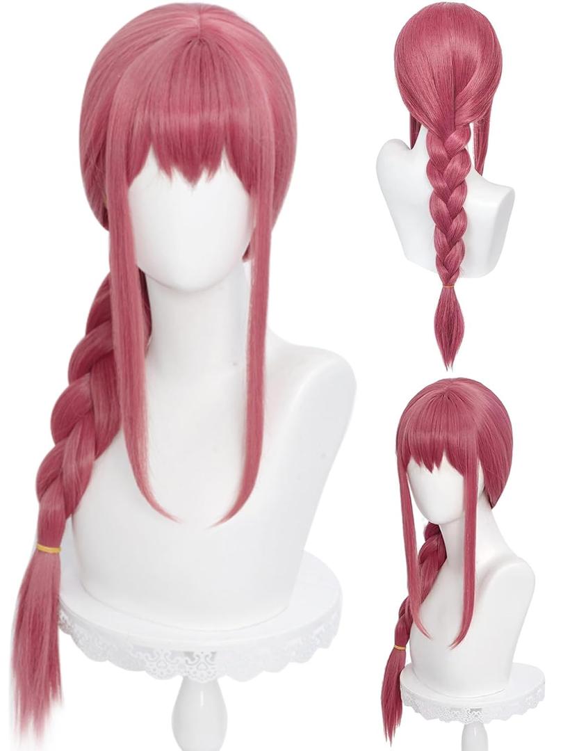 Half and Half Long Rose Red Pink Braid Wig with Bangs 27.5'' Anime Red Cosplay Wig for Women Vibrant Red Braided Hunter Wigs for Halloween Costumes Party