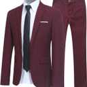YFFUSHI Men's Slim Fit 2 Piece Suit Solid One Button Casual Formal Wedding Blazer Jacket Pants Set (Red, M)