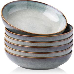 AmorArc 8.5'' Large Pasta Bowls, 36oz Ceramic Pasta Serving Bowls Set of 6 for Kitchen, Wide Bowls for Pasta,Salad,Oatmeal, Microwave Safe, Ocean Blue