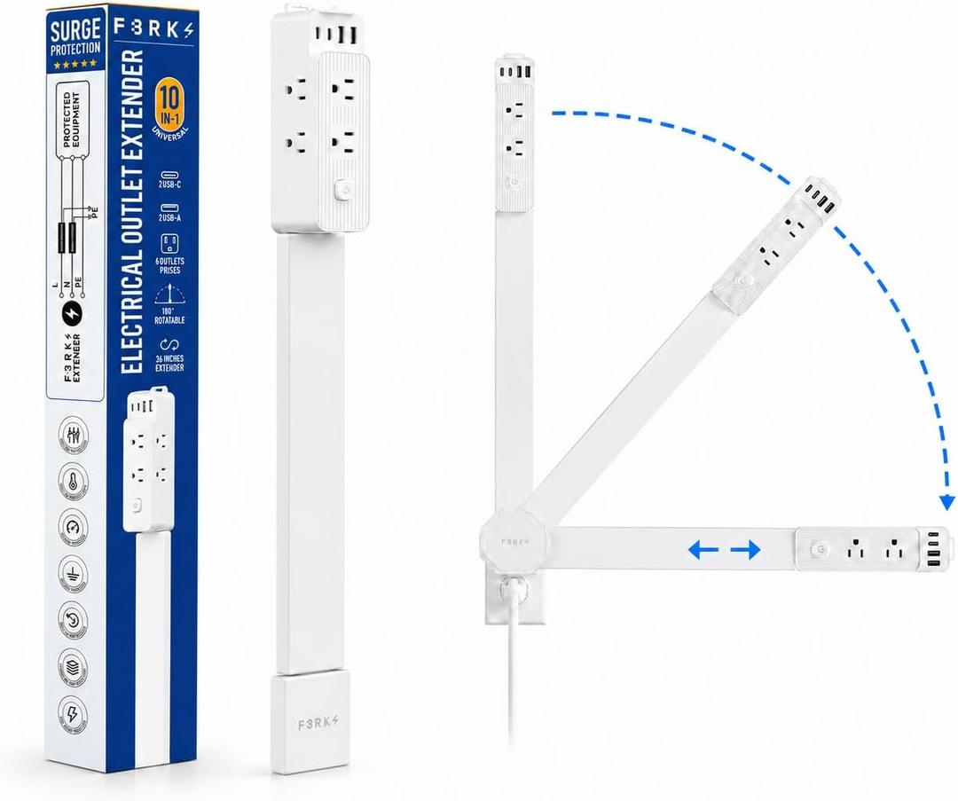 Electrical Outlet Extender Stick with Surge Protection, 6 AC Outlets & 4 USB Ports, Adjustable 24"-36" Outlet Extender Stick with 180° Rotating Flat Plug for Bedroom, Couch, Desk & Dorm