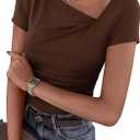 PRETTYGARDEN Women's 2026 Summer Asymmetrical Y2K Tops Trendy Ribbed Short Sleeve Fitted Tee Shirts Spring Fashion Clothing (Medium, Brown)