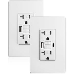 SURAIELEC 20 Amp GFCI Outlet with USB-C & USB-A Ports, Self-Test GFCI Electrical Outlet Combination with USB, Tamper-Resistant GFCI Outlet, Screwless Wall Plate Included, ETL Listed, White,2-Pack