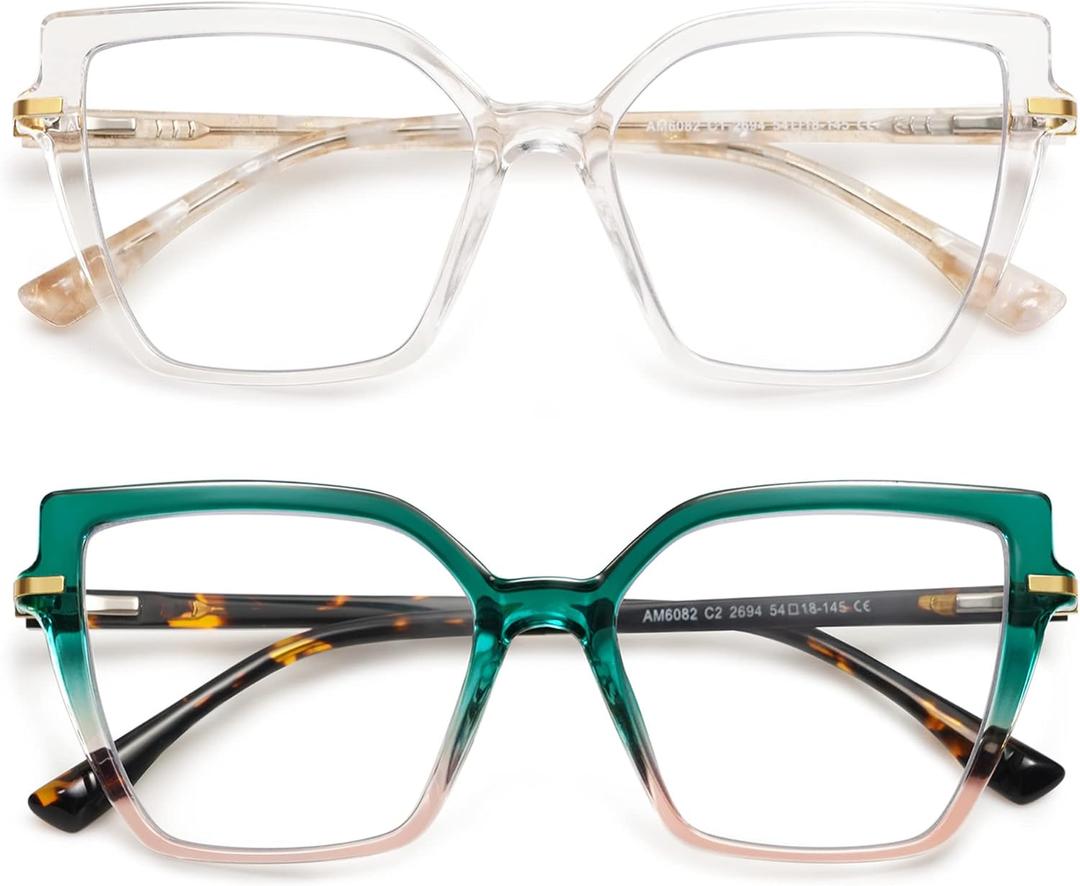 AMOMOMA Trendy Square Blue Light Blocking Reading Glasses for Women Women's Readers Spring Hinge AM6082 (C1.crystal +C2.green Grading Brown)