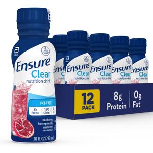 Ensure Liquid Clear Nutrition Drink, 0g fat, 8g of protein, Blueberry Pomegranate, 10 Fl Oz (Pack of 12), Bottle, gluten free