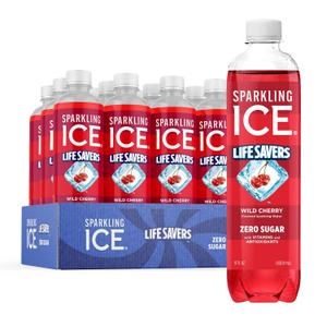 Sparkling Ice LIFESAVERS Wild Cherry, Zero Sugar Flavored Sparkling Water, with Vitamins and Antioxidants. No Artificial Dyes, Low Calorie Beverage, 17 fl oz Bottles (Pack of 12) (EXP 03/02/27)