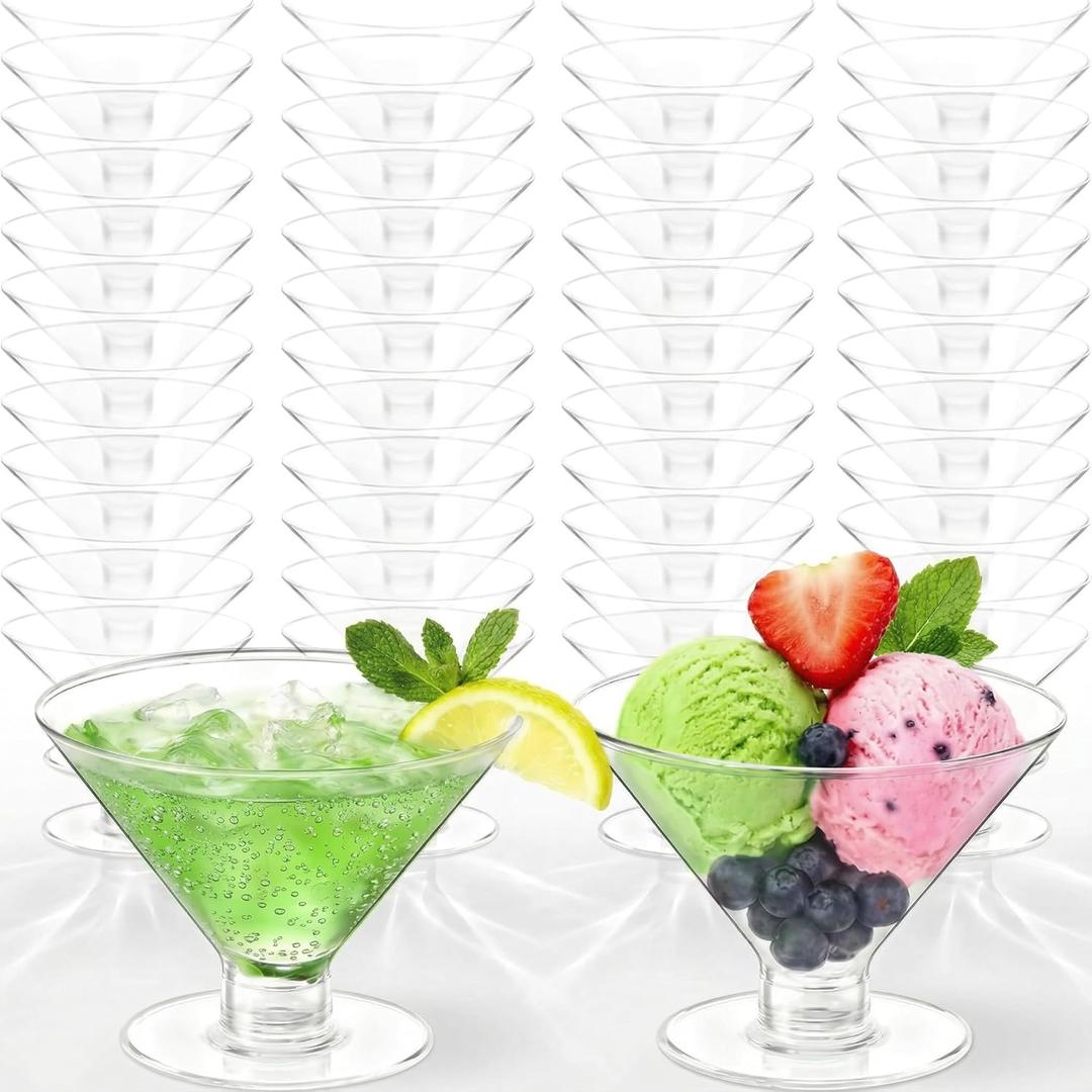 Meolibour 50 Pcs Disposable Plastic Martini Glasses for Parties 5oz, Unbreakable Clear Cocktail Dessert Parfait Glasses, Mini Martini Cups for Wedding Party Bowl Wine Ice Cream
