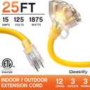 25 ft 12 Gauge Heavy Duty 3 Outlet Extension Cord Splitter with Indicator, Waterproof Outdoor Extension Cord with Multiple Outlets, 15A 1875W for Garden, ETL Listed, Flexible Yellow SJTW