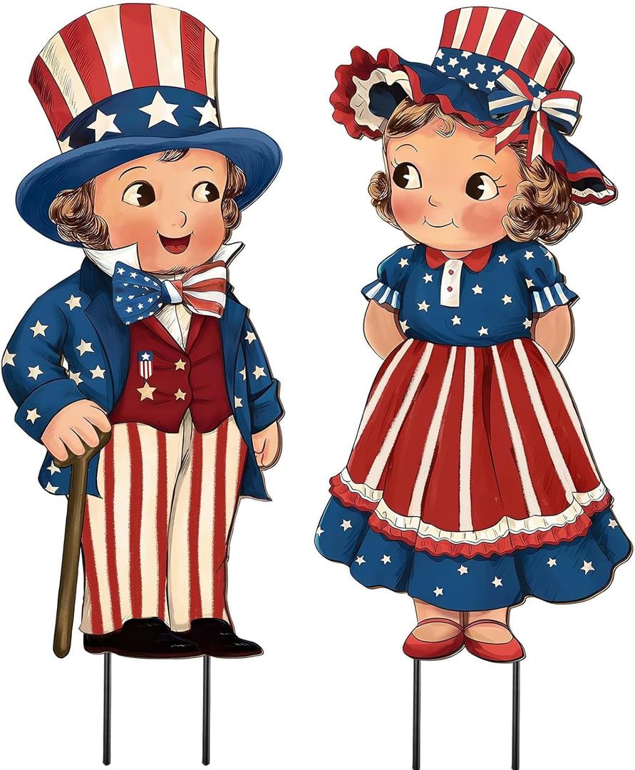 4th of July Decorations Outdoor, Patriotic Boy Girl Metal Yard Signs with Stakes, Independence Day,250th Years America Anniversary Decorative Signs for Garden Lawn Pathway Patio Outside Party Supplies