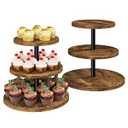 IBUYKE 3 Tier Cupcake Stand, Set of 2, Wood Durable Cupcake Tower, Round Serving Display Stand, Dessert Table Display Tree Tower for Birthday, Home Party, Wedding, Baby Shower, Rustic Brown UTLJ017H-2