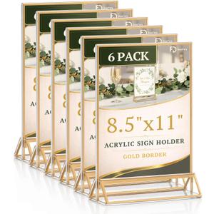Daofary Acrylic Sign Holder 8.5x11, 6 Pack Double Sided Clear Gold Frame Tabletop Display, Menu Flyer Table Number Holder for Wedding Reception and Restaurant Tables