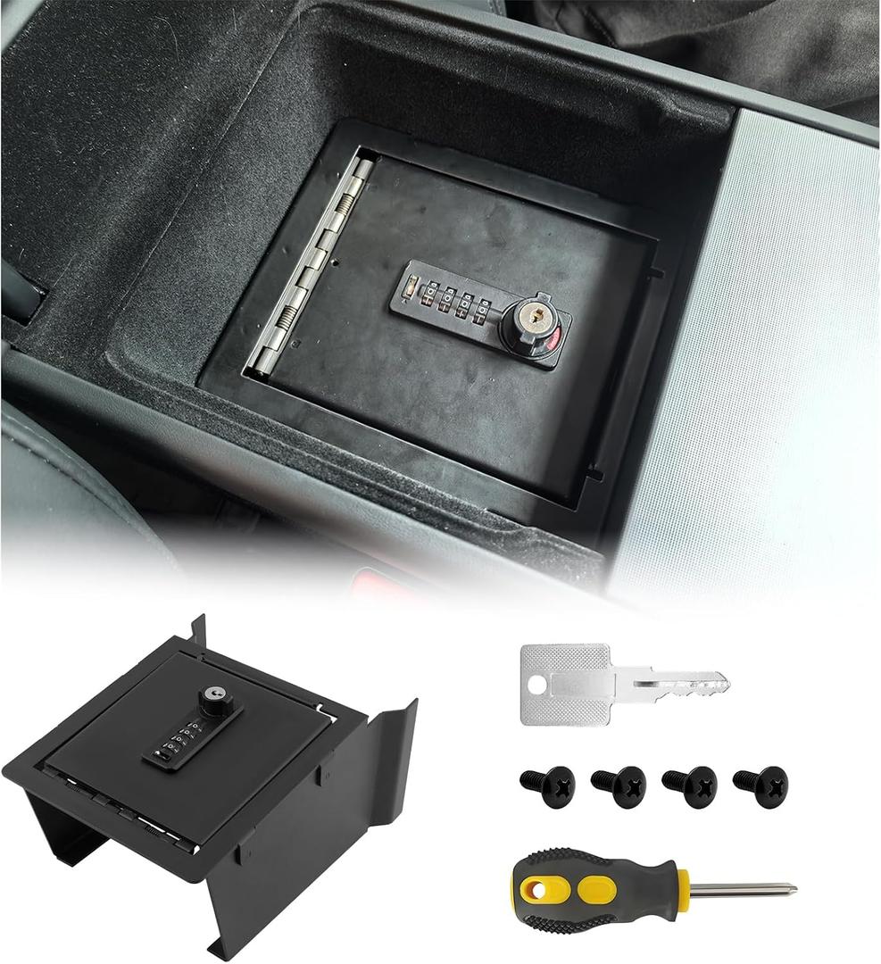 Center Console Safe Organizer Compatible with 2025 2026 Tesla Model Y Juniper & Model 3 Highland Armrest Lock Box Secure Vehicle Accessories with 4-digit Lock with Password Retrieval Key