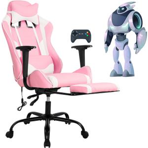 Gaming Chair Desk Chair High Back Computer Chair Ergonomic Massage PC Racing Chair with Waist Support and Retractable Foot Pedal PU Leather Recliner Rolling Adjustable Swivel Chair for Women Men (Pink)