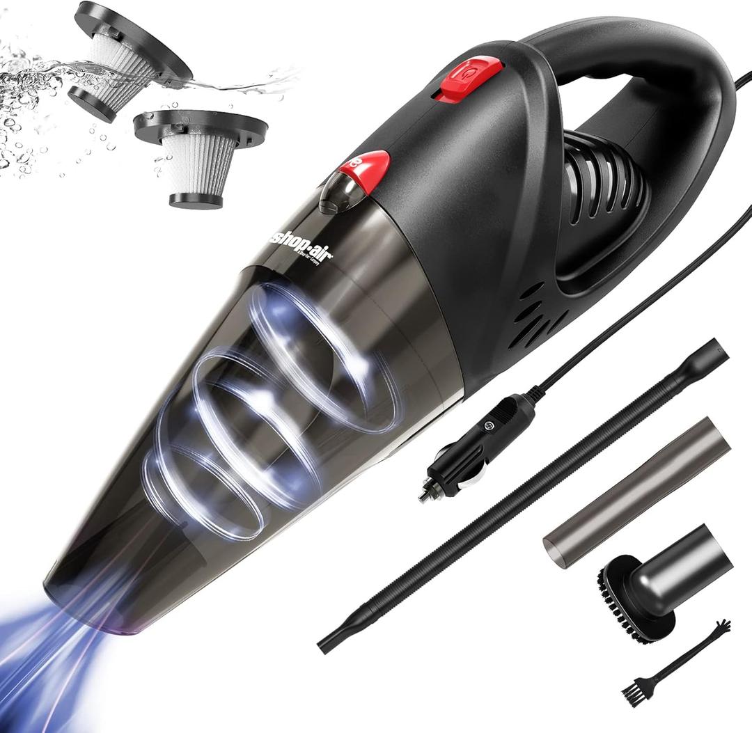 Car Vacuum Cleaner, 12V/106W High Power Handheld Portable Car Vacuum with 16 Ft Cord, Attachments, Filters and Storage Bag, Suitable for Car (Red Button)