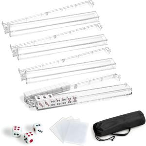 American Mahjong Racks with Pushers Complete Accessories Set, 4 Clear Acrylic Mahjong Racks, 4 Card Sleeves, 3 Large 19.6mm Dice, 420D Waterproof Storage Bag, Mahjong Accessories for American Mahjong