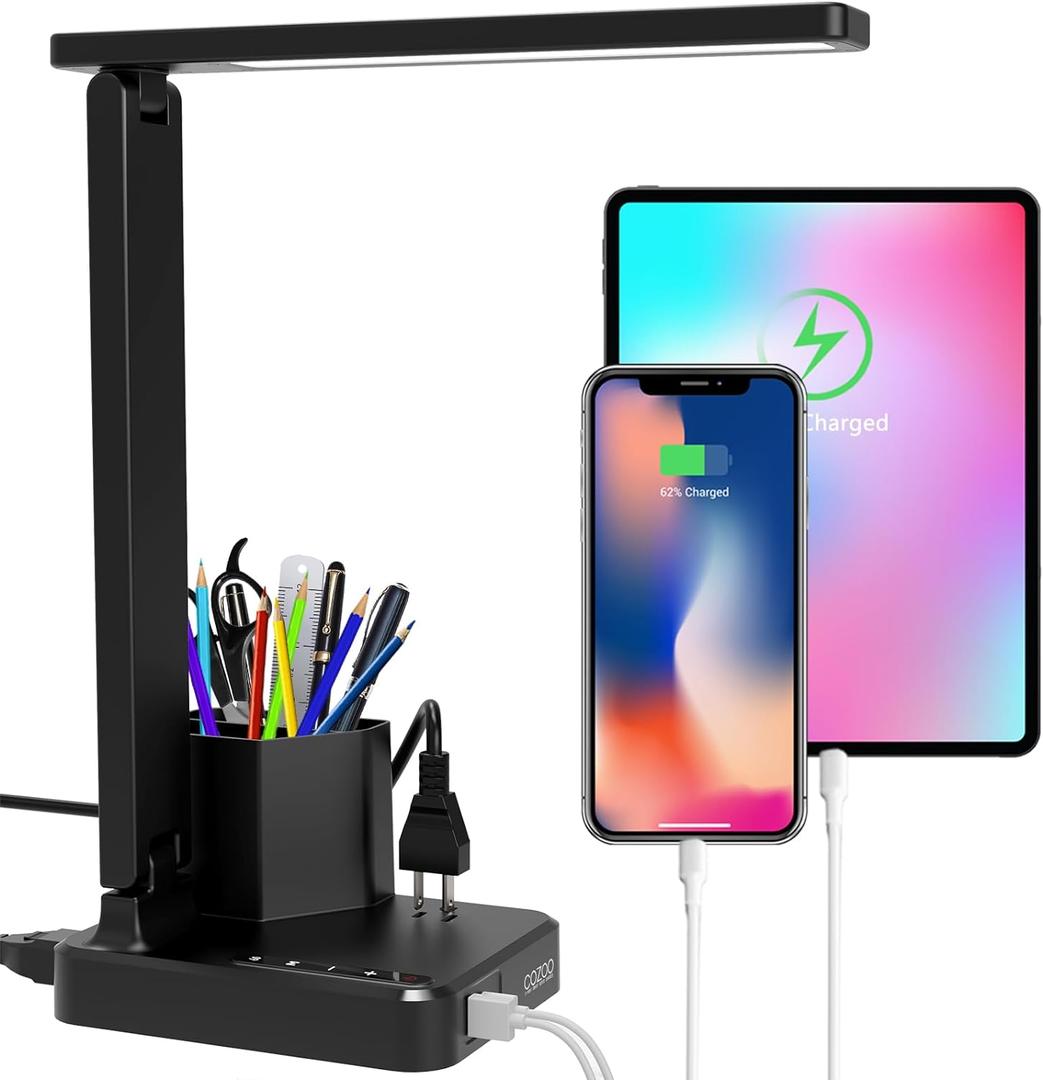 cozoo LED Desk Lamps for Home Office, Modern Dimmable Eye Caring Desk Light with USB Charging Ports AC Outlet, Pen Holder,Touch/Memory/Timer, Kids Small Table Lamp for Reading, Bedroom, Study, Craft