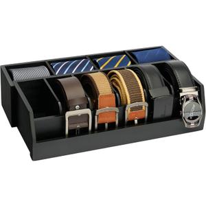 Ikkle Wooden Belt Organizer Box, 10 Compartment Belt & Tie Storage, Closet & Drawer Display Case, Large Holder (Black)