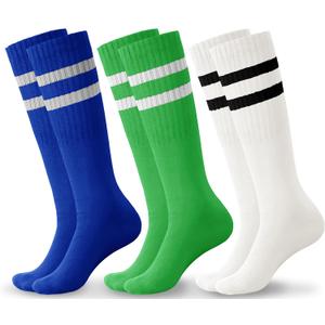 Haloumoning 3 Pairs Boys Soccer Athletic Socks Kids Striped Football Knee High Uniform Sports Tube Socks 4-15 Years (S)