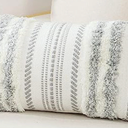 Decorative Boho Throw Pillow Cover 12x20, Lumbar Accent Neutral Textured Tufted Pillow Cover Striped for Couch Bed Sofa, Grey and Cream White, Pack of 2