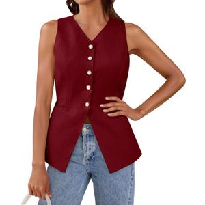 Tankaneo Womens Summer Suit Vest Tops Fashion Casual Sleeveless Blazers Split Hem Button Down Linen Work Waistcoat (Red, L)