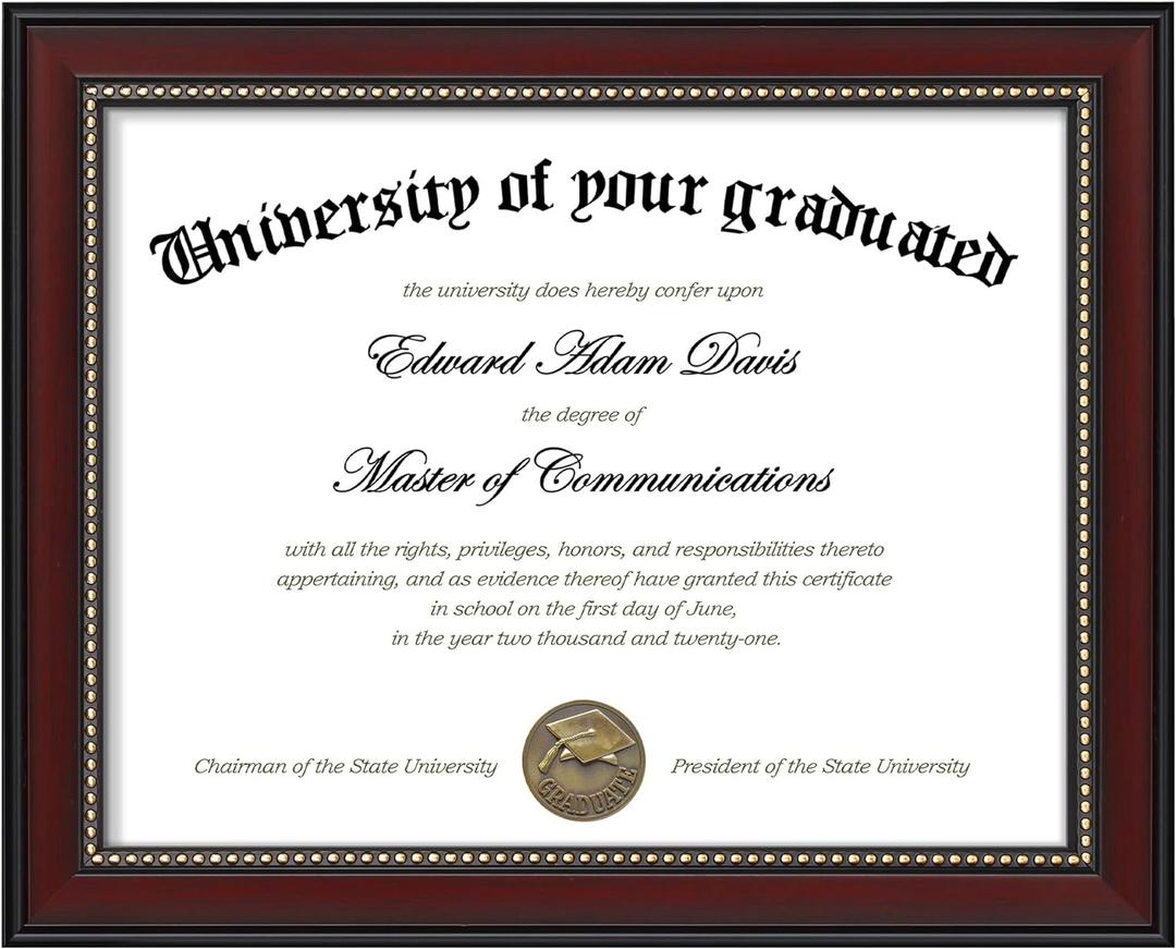 upsimples 8.5x11 Diploma Certificate Frame with High Definition Glass, Degree Document Frame for Wall and Tabletop, Mahogany with Gold Beads, 1 Pack