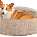 Love's cabin Calming Dog & Cat Bed, Cat Bed for Indoor Cats,Anti-Anxiety Donut Round Dog Bed,Fluffy Faux Fur Washable Bed for Small Medium Pet,Beige,Taupe,30"