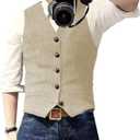 Ceehuteey Men's Suit Vest Waistcoat Tweed Retro V Neck Wool Herringbone for Prom (Small, Champagne)