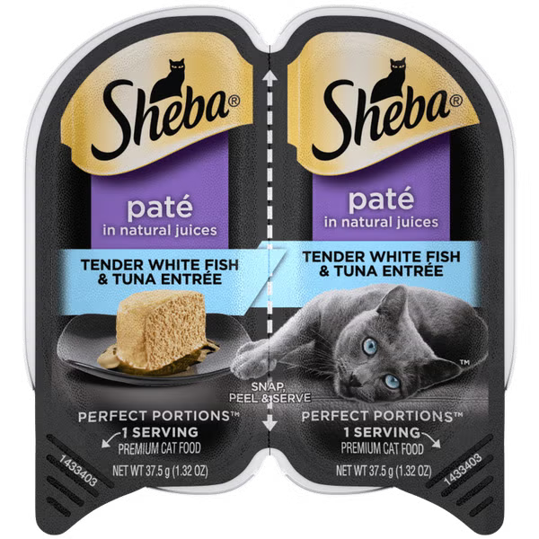 Sheba Perfect Portions Wet Cat Food Pate Tender White Fish and Tuna Entree, 2.6 oz. Twin-Pack Trays, Best By: 07/19/2027