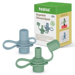 haakaa Multi-Functional Silicone Spout,Pouch Topper No Spill,Water Bottle Topper for Toddlers,100% Food Grade Silicone,2 Pack (Sky Blue + Pea Green)