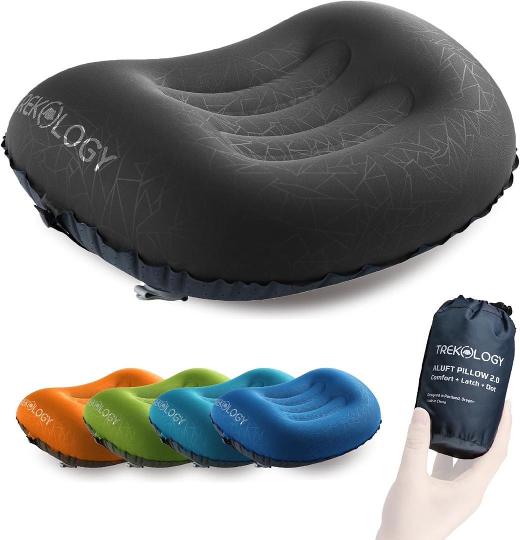 TREKOLOGY Ultralight Inflatable Camping Travel Pillow - ALUFT 2.0 Compressible, Compact, Comfortable, Ergonomic Inflating Pillows for Neck & Lumbar Support While Camp, Hiking, Backpacking (Black)