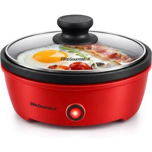 Elite Gourmet EGL-6101 Personal Stir Fry Griddle Pan, Rapid Heat Up, 650 Watts Non-stick Electric Skillet with Tempered Glass Lid, Red