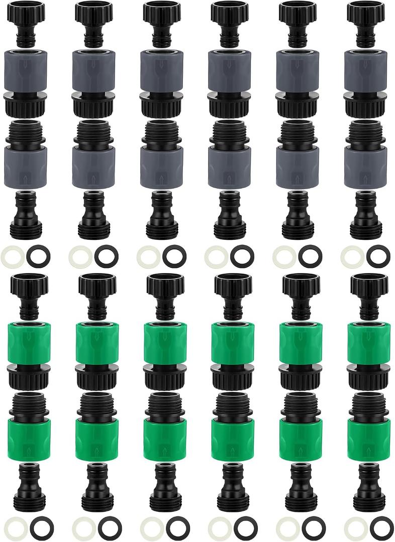 Rossesay 48 Pcs Garden Hose Quick Connector 3/4 Inch Plastic Water Hose Quick Connectors Fittings Male and Female Release Hose Connectors Hose End Adapters with 24 Rubber Gaskets (Grey,Green)