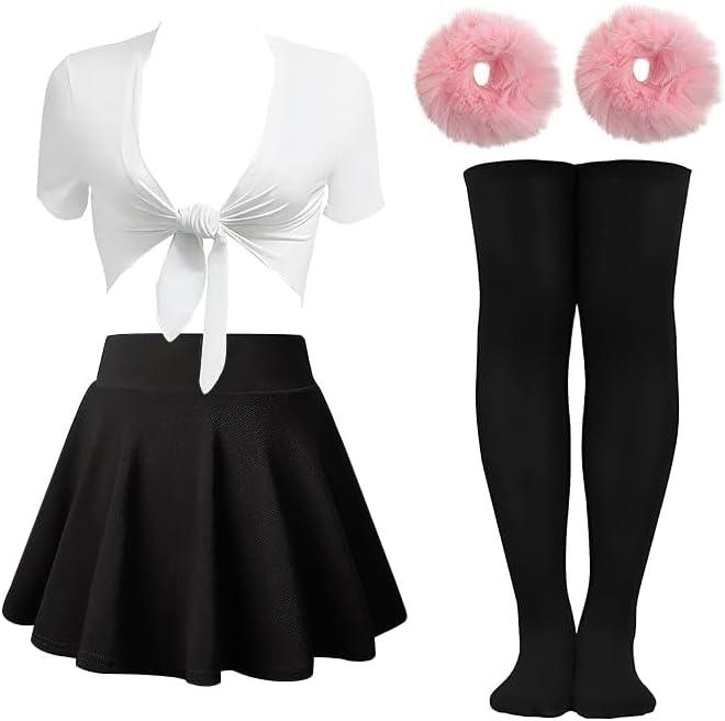 YIXAXKAO Halloween Women Costume Pop Singer Costume Furry Hair Scrunchies Pleated Skater Skirt Tie up Shirt Thigh High Socks
