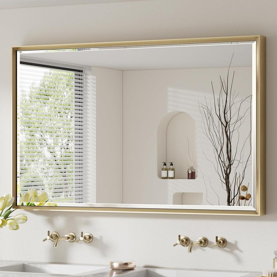 48 x 30 Gold Bathroom Mirror, Brushed Gold Beveled Bathroom Mirror, Shatterproof Large Gold Frame Rectangle Mirror, Brushed Brass Gold Framed Vanity Mirror Vertical/Horizontal Wall-Mounted