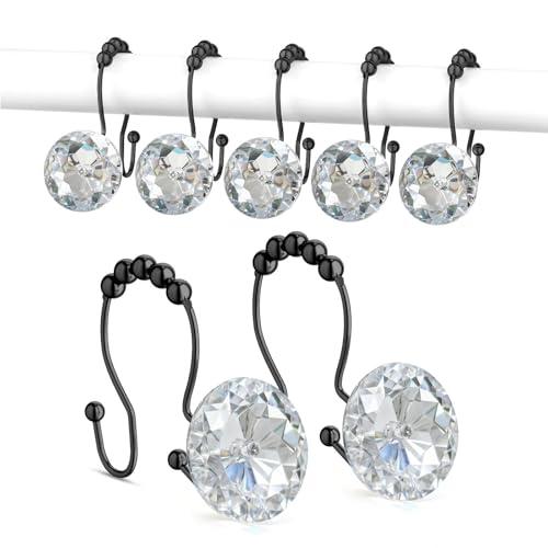 Goowin Shower Curtain Hooks, Crystal Shower Curtain Rings, Stainless Steel Black Shower Curtain Hooks, Metal Shower Curtain Hangers, Decorative Double Shower Hooks for Shower Curtain & Liner, Black
