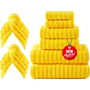 COZYART Lint Free Towel Sets 8 Pcs Yellow, Soft, Fluffy, Absorbent & Quick Dry 500GSM Microfiber 3D Bubble Bathroom Daily Use Set with 2 Bath Towels, 2 Hair Towels, 2 Hand Towels, 2 Washcloths