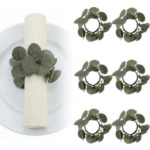 6 Pcs Eucalyptus Napkin Rings for Wedding Dining Table Napkin Holder Wreath Artificial Pine Needle for Winter New Year Dinner Party Family Gathering Banquet Xmas Serviette Buckles