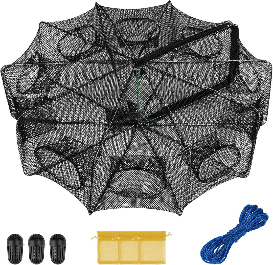 QualyQualy Fishing Bait Trap Crab Net Fishing Trap for Minnow/Crab/Shrimp/Crawdad with Rope, 10 Holes Large Space Fishing Net, Size: 32*10‘’