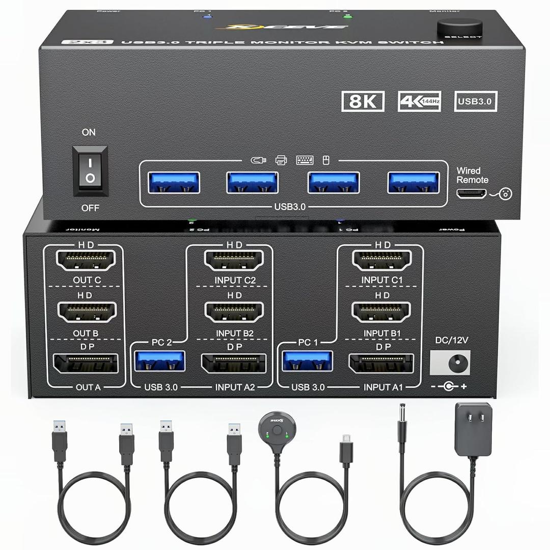USB3.0 HDMI KVM Switch 3 Monitors 2 Computers 8K@60Hz 4K@144Hz, Displayport and HDMI Dual Monitor KVM Switch with 4 USB 3.0 Port for Keyboard Mouse Printer, Wired Remote, 2 HDMI+1 Displayport KVM