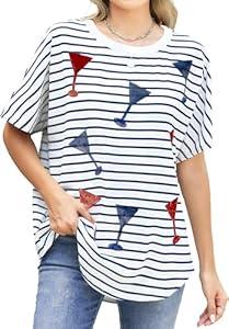 MNLYBABY 4th of July Shirt Women Sequins Wine Glass Shirts American Patriotic Graphic Tee Stripe USA Independence Day Top XL
